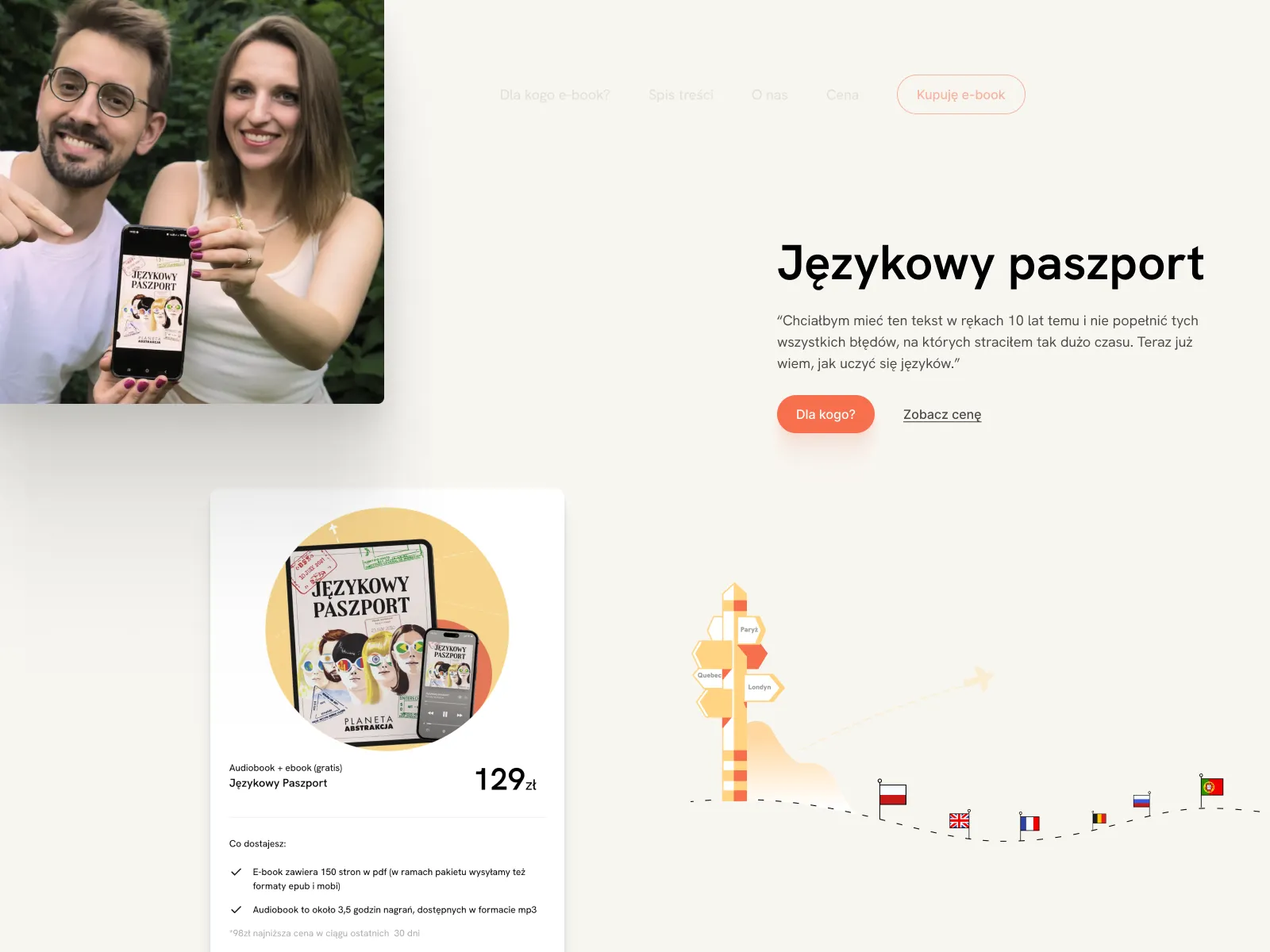 A website page with a picture of a man and woman holding a passport.