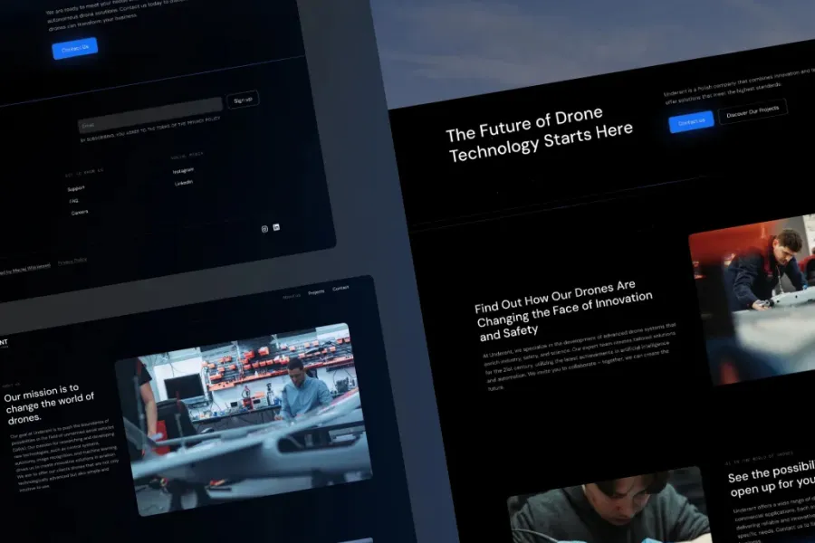 A website with a black background and a picture of a man working on a car.